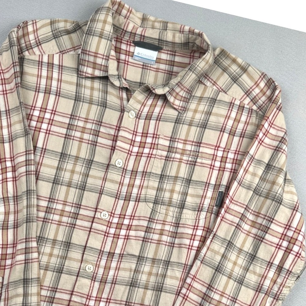 Columbia Plaid Button Down Shirt Mens Large Beige Red Long Sleeve Cotton
